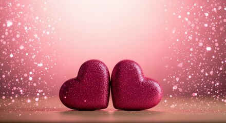 Obraz premium Two glittering deep pink heart decorations sit close together against a sparkling rose background