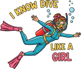 Cartoon girl scuba diver illustration in wetsuit and flippers underwater scene © Huynh Khang