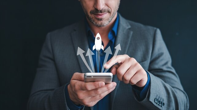 Businessman launching mobile app with rocket growth concept