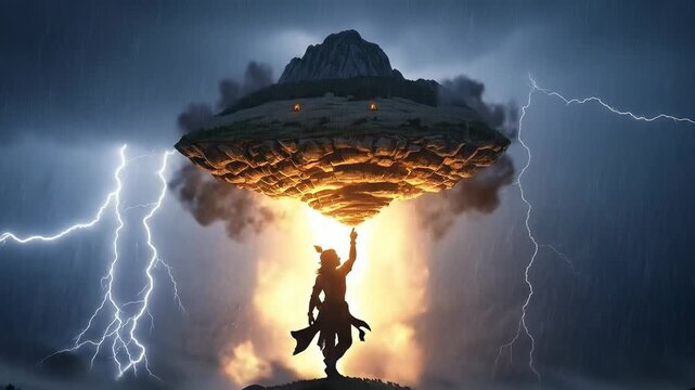 Divine Indian deity Krishna lifting Govardhan mountain during monsoon lightning storm