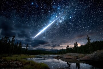 Shooting star streaks across a clear night sky over a tranquil lake in a forest