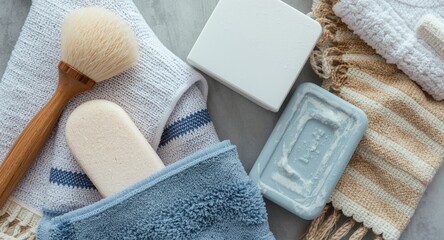 Bath time grooming collection featuring soap pumice brush towel scrub sponge for personal body care with text space