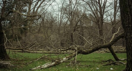 Public park with spring storm aftermath showing damaged old trees and scattered limbs