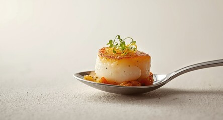 Obraz premium Exquisite scallop and seafood salad served as a bite on a spoon