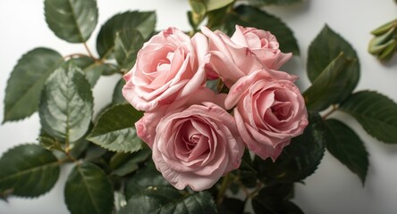 Fototapeta premium close up of pink rose flowers with surrounding leaves on white canvas