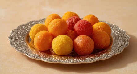 Naklejka premium Celebratory Indian sweet laddus arranged on a beautifully crafted silver platter with vivid colors and delicate textures