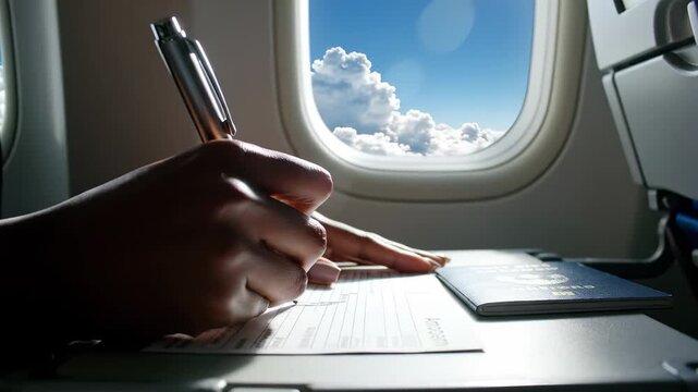 A hand gracefully scribbles notes while resting on a travel document at a plane window, where wispy clouds float in a vibrant blue sky, symbolizing adventure and inspiration.
