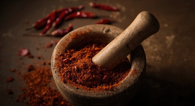 Crushed red chillies and mirch powder composition in a mortar with dark selective shadows