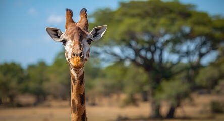 Obraz premium Up close photo of a giraffe appearing alone in an outdoor reserve