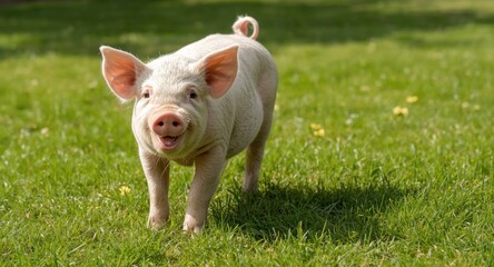 Happy small pig indulging in play on soft green grass lawn in summer daylight full length portrait