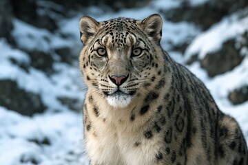Fototapeta premium Close up portrait of snow leopard face looking at camera in winter nature. Wild cat head shot with detailed fur pattern and intense eyes. Endangered animal species in snowy mountain background.