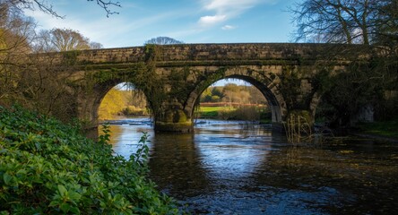 Fototapeta premium Old stone bridge crossing a slow moving river encircled by rich green plants in a serene scenic setting