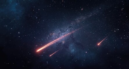 Fototapeta premium Glowing meteors dashing across a deep space evening background