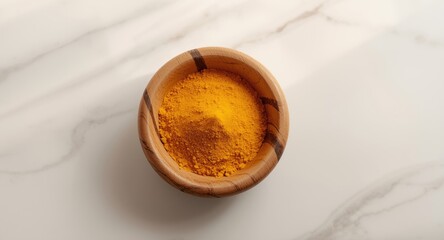 Turmeric spice in carved wooden bowl photographed from overhead with white backdrop