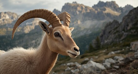 Fototapeta premium Chamois head detail shot with alpine rocky landscape around