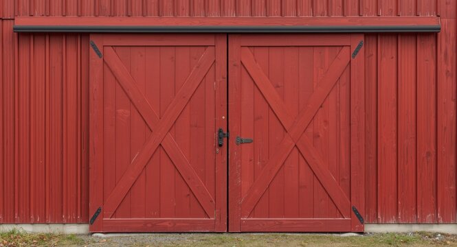 image showing the front side of a red barn door with horizontal timber
