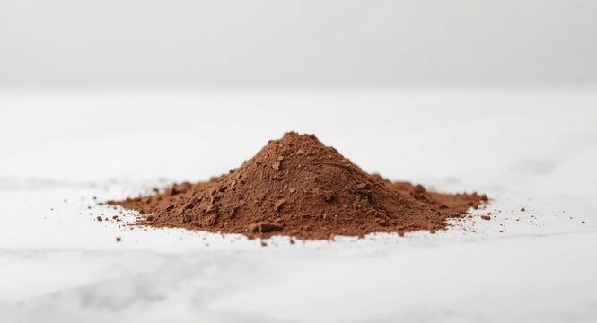 Considerable amount of chocolate whey protein powder displayed over a spotless white surface