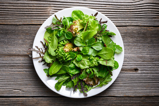 Green salad leaves arranged on white plate in minimal style. Fresh leafy vegetables on rustic surface