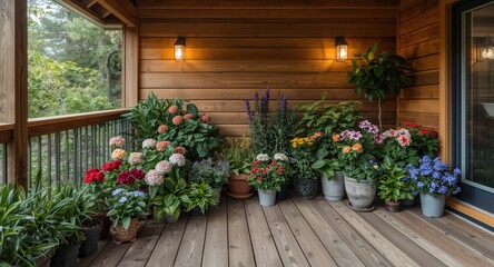 Fototapeta premium Sheltered timber deck in a home renovation decorated with fresh flowering potted plants collection