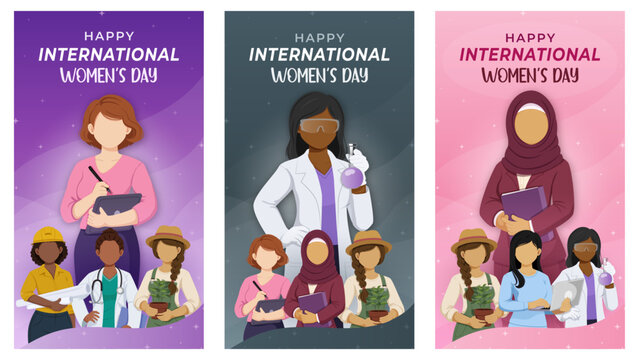 International Women's Day Vertical Story Template Set with Diverse Professional Women Faceless Illustrations in Purple, Grey and Pink Color Themes