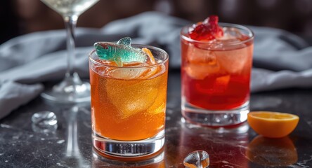 Refreshing cocktails featuring gummy shark candy garnish