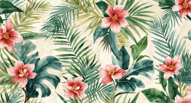 Pattern of exotic tropical foliage watercolor with scindapsus and palm leaves on a textured backdrop for scrapbooking and decor