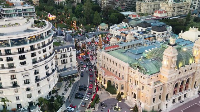 Scenic aerial perspective of Monaco coastline glowing at dusk in luxury setting