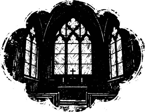 Gothic church interior silhouette with stained glass windows and altar cross