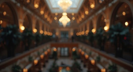 Obraz premium Cool ambient glowing bokeh in blurred hotel atrium interior perfect for background use