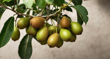 Kiwi plant loaded with numerous green fruits on healthy branches