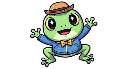 Obraz premium Funny frog character wearing hat and bow tie jumping with joyful expression. Animal illustration concept
