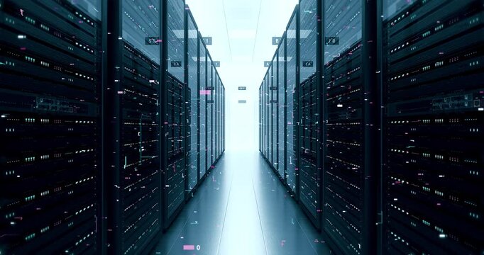 Digital Server Farm Corridor with Illuminated Rack Cabinets 4K. Technology And AI Related 3D Animation.