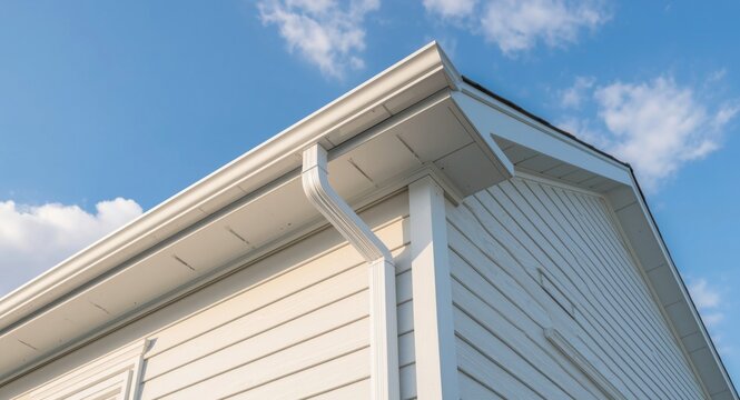 Modern luxury home exterior with white gutter guard components on horizontal vinyl siding