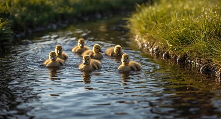 Playful pet ducklings swimming through a placid green grass waterway in full length on a sunny summer afternoon