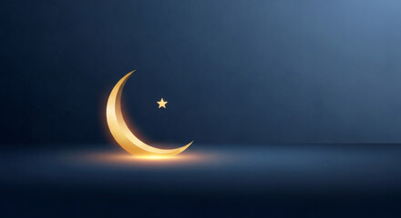 Ramadan Kareem greeting with a golden crescent moon and a star on a dark blue background with subtle light effects
