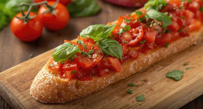 Irresistible Italian toasted baguette appetizer with fresh tomato and basil bruschetta on wood