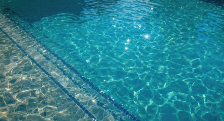 Swimming pool with transparent blue water, stone steps, and sparkling sunlight ripples with copy space