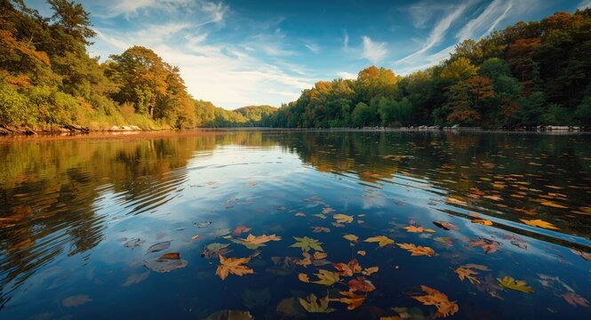 Peaceful river scene with leaves drifting on calm water surface