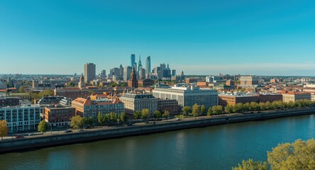 Naklejka premium Elevated urban landscape with clear blue sky and a wide river in foreground