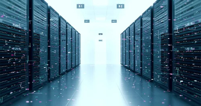 High Performance Computing Servers in Modern Data Center 4K. Technology And AI Related 3D Animation.