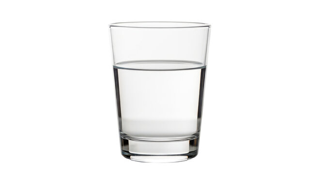 A clear glass half filled with water on a white surface isolated on transparent background