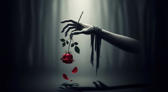 Hand releasing dying red rose petals symbolizing loss