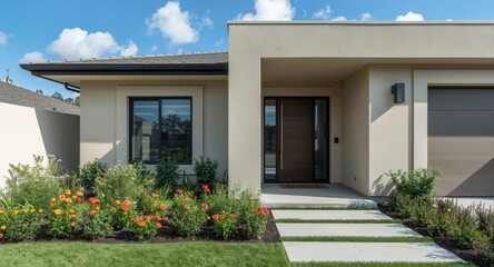 Fototapeta premium Sleek modern dwelling facade with garden landscape and entry door