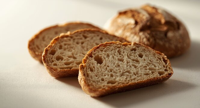 Rustic bakery concept featuring sliced sourdough bread displayed on white background