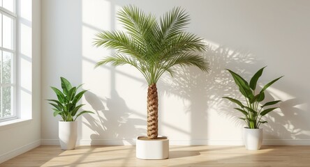 Fototapeta premium sunlit palm tree casting shadows on white modern interior with tropical indoor plants