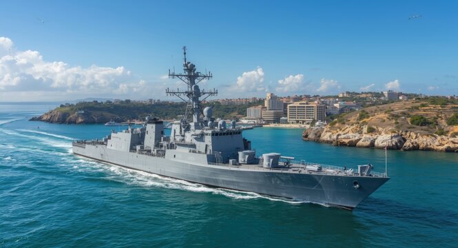 Guided missile armed destroyer navigating coastal harbor waters