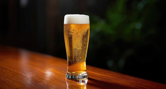 Tall glass of lager beer on polished pub bar with sparkling light dots and subtle blurred greenery behind