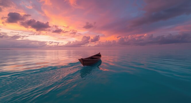 Calm scene artwork featuring a small boat moving smoothly on placid water under a colorful cloudy dusk
