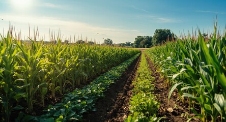 Fototapeta premium Organic farming promoting healthy eating with young plants in a fertile cornfield under bright sunlight
