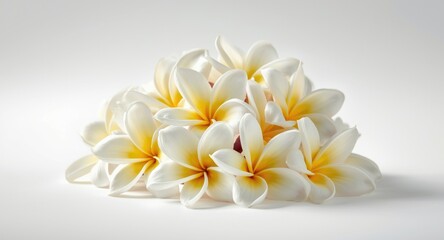 Fototapeta premium Detailed arrangement of white frangipani flowers with sunny yellow centers on a white backdrop